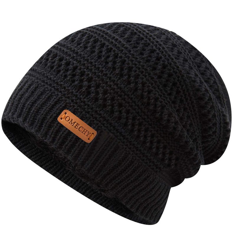 OMECHY Beanie for Men Women Thick Warm Fluffy Lined Knit Winter Hat Slouch Chunky Stretch Plain Cuff Toboggan Cap Black - Image 1